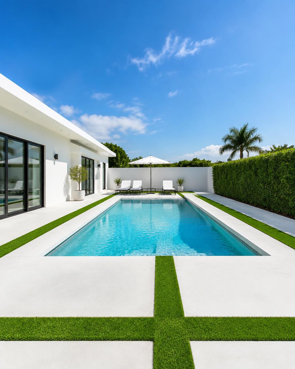 Modern pool with turf strips between white pavers