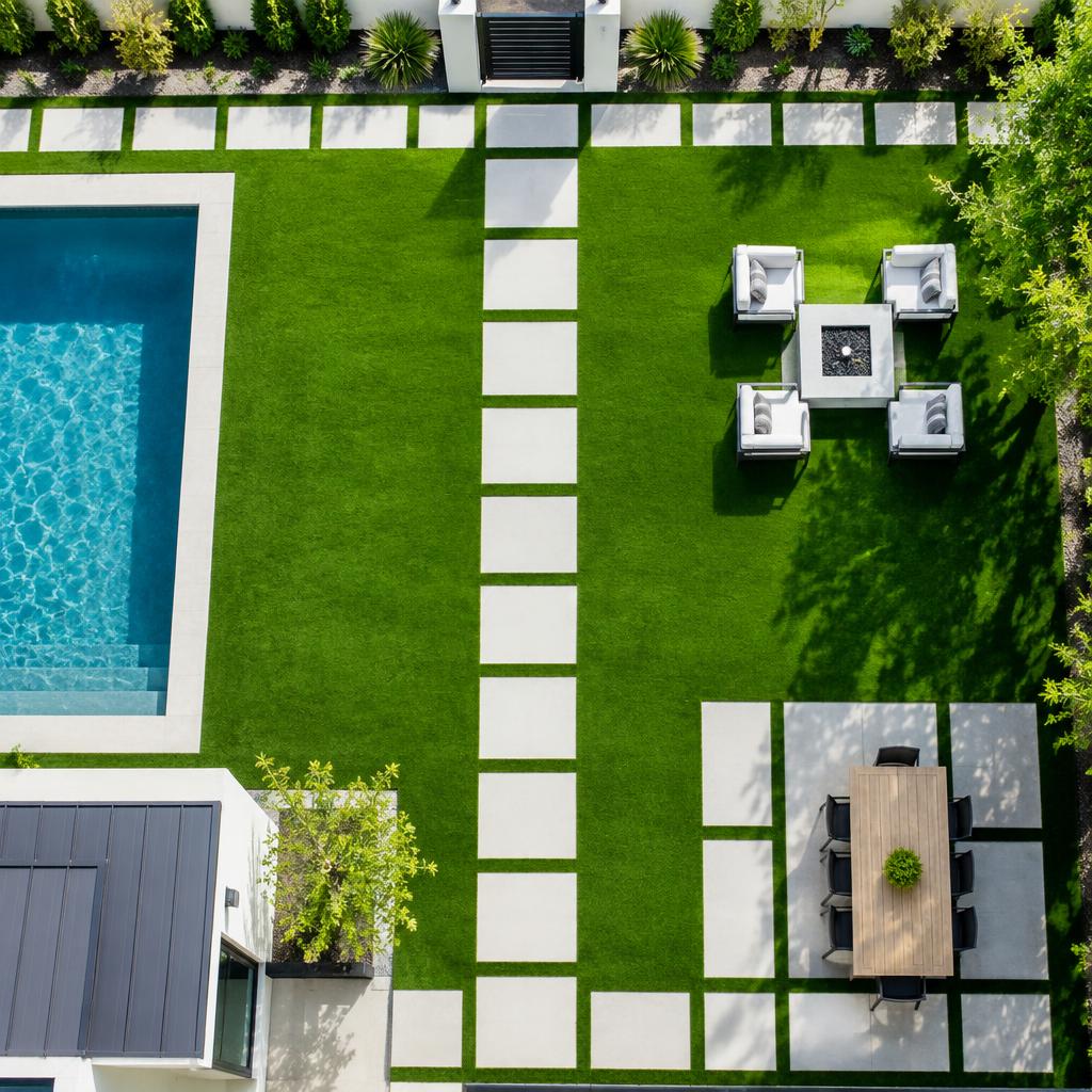 Overhead view of turf with white paver grid